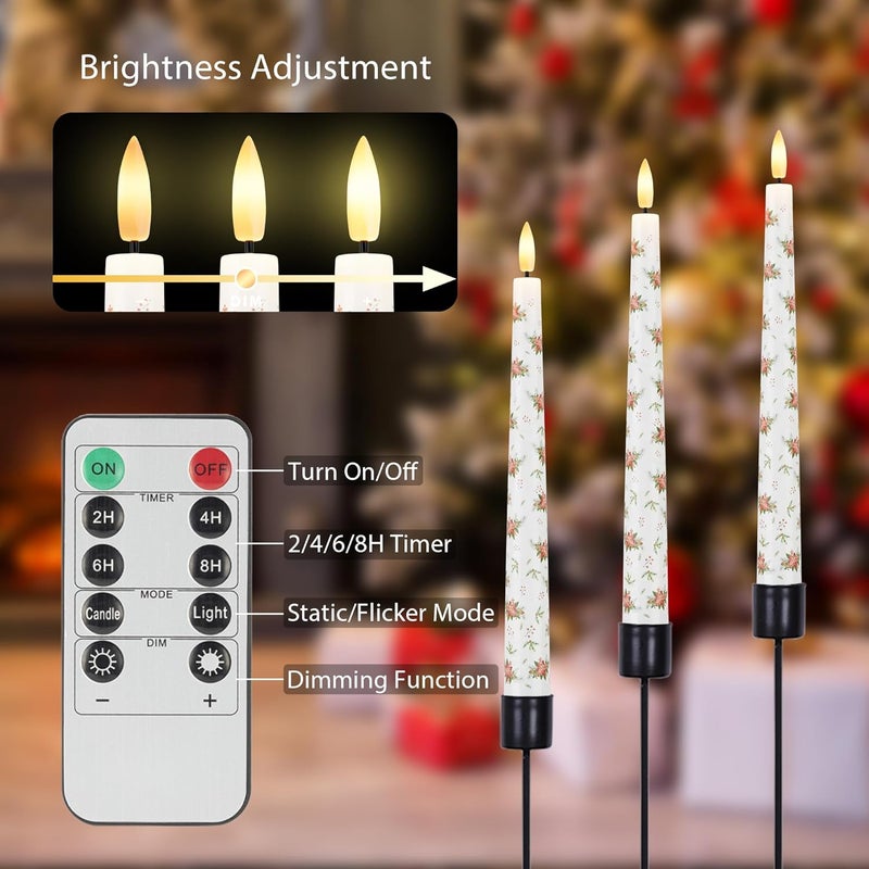 AFINETH Christmas Flameless Taper Candles with Flowers, 9.6"" Real Wax LED Candles with Remote, 3 Pcs Flickering Battery Operated Candles, Xmas Candlesticks for Home, Party Decor, White, MBGL23 - Image 3